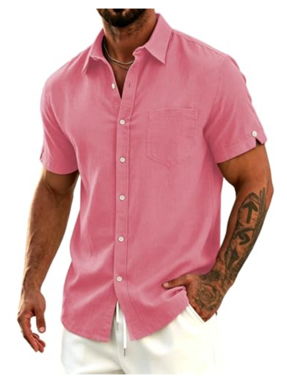 Short Sleeve Button Up Cotton Linen Shirt Relaxed Fit Spread Collar with Chest